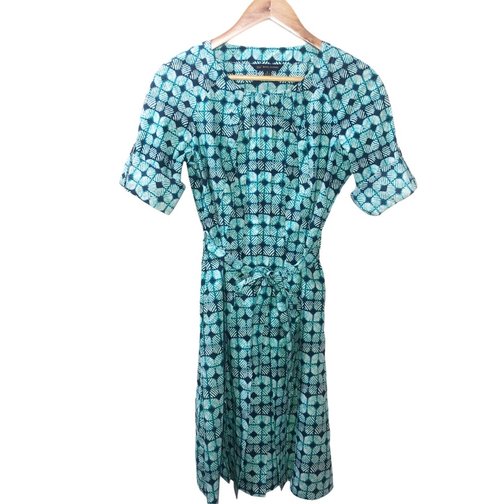 Brooks Brothers 346 Womens Size 4 Poplin Pleated Shibori Print Dress Teal Blue - Picture 1 of 8